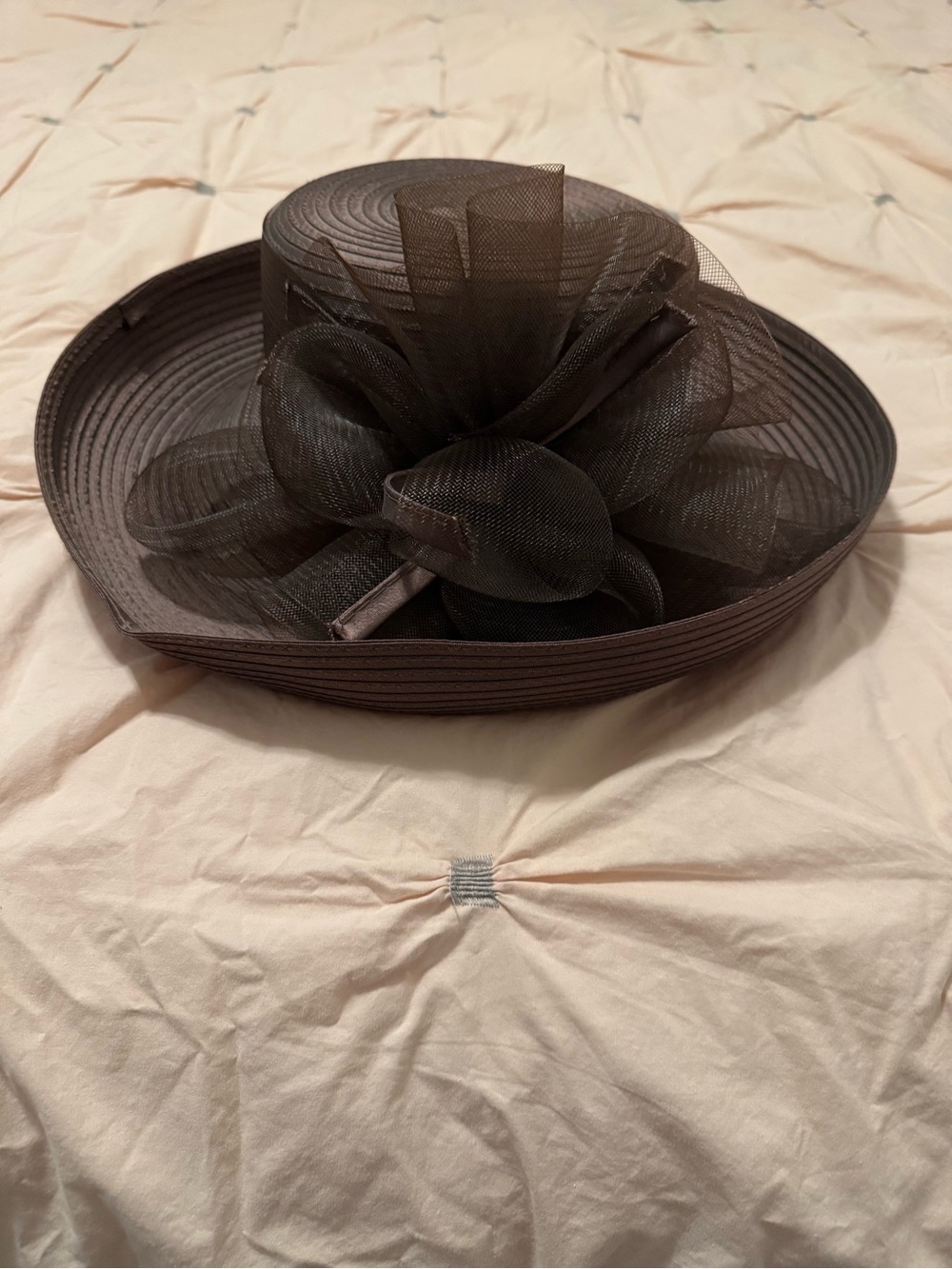 Elegant Brown Wide-Brim Women's Dress Hat with Mesh Flower Accent by Giovannio